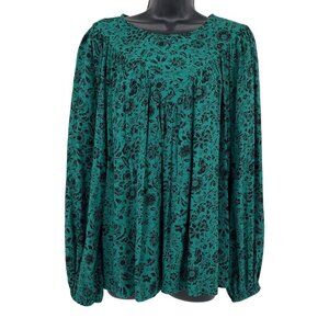 Knox Rose Floral Boho Top Womens M Green‎ Bishop Long Sleeve Pleated